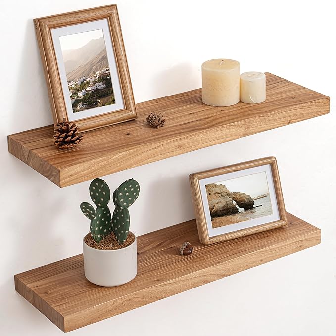 Floating Shelves for Wall Decor, 8" Deep Rustic Solid Elm Wood Floating Shelves Wall Mounted, Wall Shelves with Invisible Bracket for Living Room Bathroom Bedroom Kitchen, 24 Inch Set of 2, Natural-Ruum Studio Home