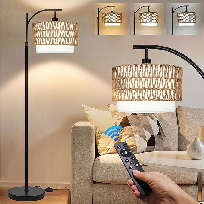 Arc Floor Lamp for Living Room Boho Floor Lamps with Remote Control & with 3 Color Temperatures,Rattan Wicker Standing Lamp Dimmable Tall Floor Lamp for Bedroom Living Room Corner-Ruum Studio Home