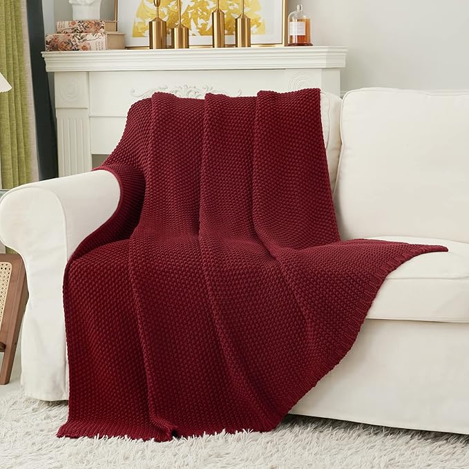 Chunky Cable Knit Throw Blanket Lightweight Wine red 100% Organic Cotton Blanket for Sofa Couch Bed Baby Nursery, Rustic Shabby Chic Modern Farmhouse, 60” x 80” Give Laundering Bag-Ruum Studio Home