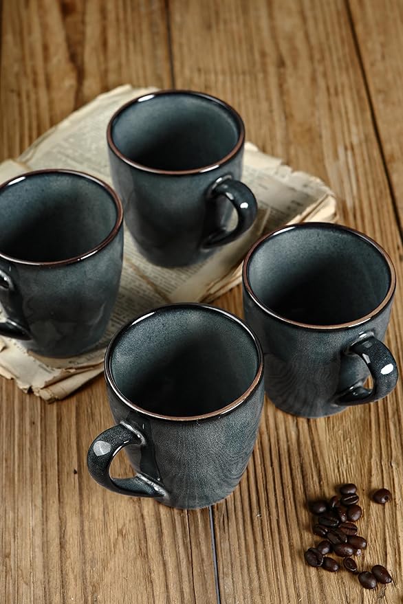 famiware Coffee Mugs Set of 4, Ocean Round 11.5oz Coffee Cup Set with Handle for Cocoa, Milk, Hot Chocolate, Stoneware Cups for Kitchen, Reactive Glaze, Microwave Dishwasher Safe, Deep Forest-Ruum Studio Home