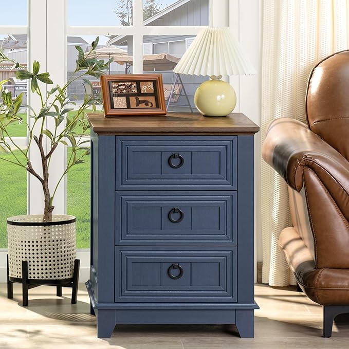 18" Farmhouse Night Stand with 3 Drawers, Wood End Table Dresser for Bedroom, Navy Blue Nightstand, Bed Side Table with Metal Handle, Bedside Cabinet for Bedroom Living Room, Closet-Ruum Studio Home