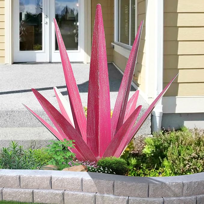 Large Tequila Rustic Sculpture, Rustic Metal Agave Plants for Outdoor Patio Yard, Home Decor Hand Painted Metal Agave Garden Yard Statue, Outdoor Lawn Ornaments Yard Stakes (Rose Red - M)-Ruum Studio Home