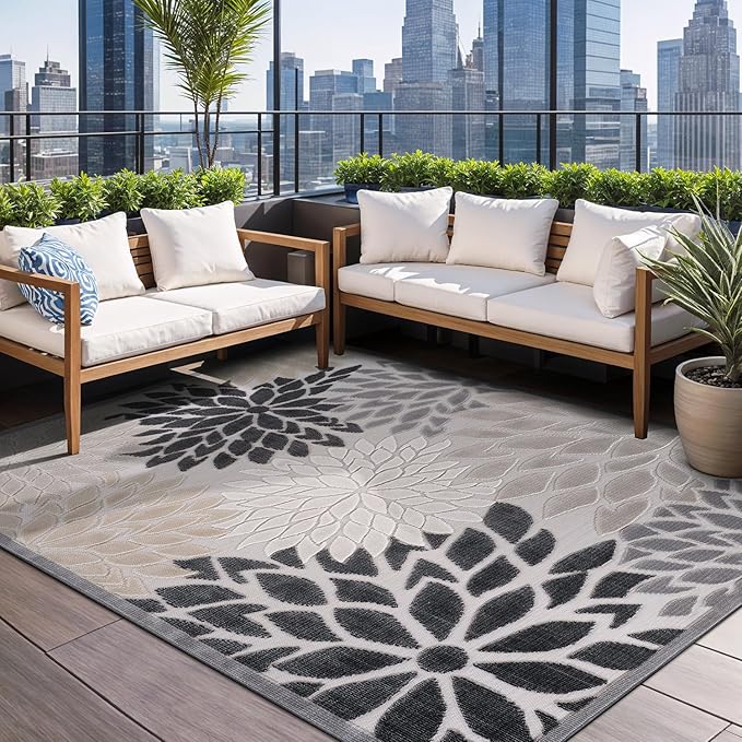 Beverly Rug Outdoor Rug 6x9 Modern Floral Tropical Area Rugs for Indoor and Outdoor Patio Easy to Clean Non Shedding Living Room Porch Garden Washable Outside Carpet (6 x 9 Beige)-Ruum Studio Home