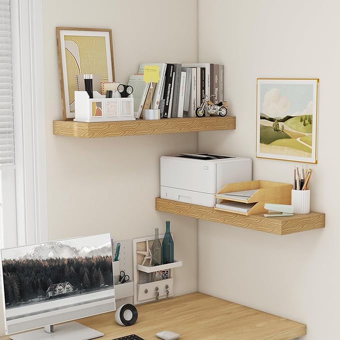 Deep Floating Shelves for Wall, 35.4W x 11.6D Rustic Large Wall Shelves Set of 2, 11.6 Inch Deep Oak Shelves 35.4 Inches Long, Bookshelf Laundry Shelf TV Shelf-Ruum Studio Home