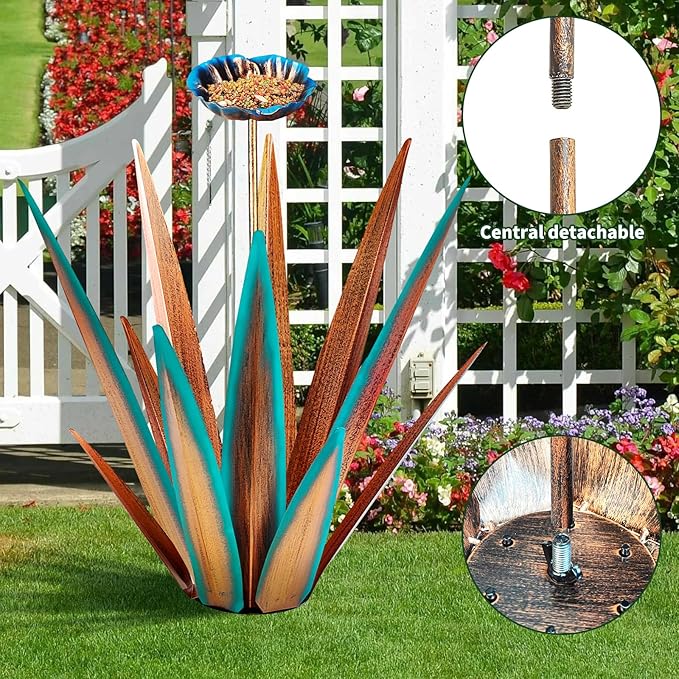 Large Tequila Rustic Sculpture, Rustic Metal Agave Plants for Outdoor, Home Decor Garden Yard Statue (Blue - L (W/Bird Feeder))-Ruum Studio Home