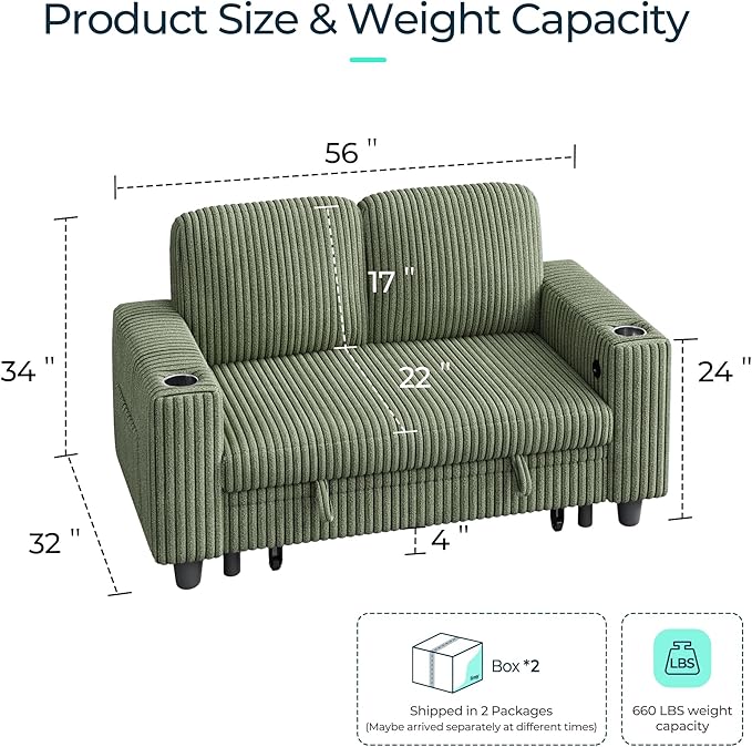 LINSY HOME Loveseat Sofa with Storage - Comfy Plush Corduroy 2 Seater Sofa with USB Charging & Cup Holders, Deep Seat Love Seat for Small Spaces Living Room Bedroom Apartment, Green-Ruum Studio Home