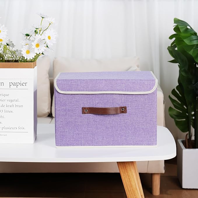 ANMINY 4PCS Storage Bins with Lid PU Leather Handles Storage Boxes PP Plastic Board Decorative Foldable Lidded Cotton Linen Fabric Home Cubes Baskets Closet Organizer Containers - Purple, Large Size-Ruum Studio Home