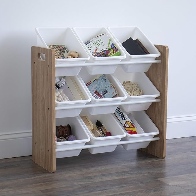 Humble Crew 9-Bin Toy Organizer – Journey Natural Wood with White Plastic Bins, 3-Tier Storage Solution for Kids' Playrooms and Nurseries-Ruum Studio Home