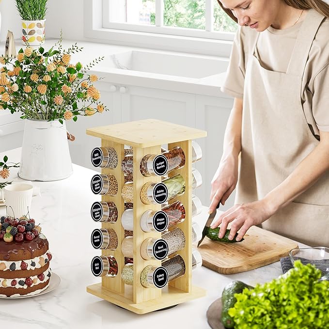 WelFurGeer Bamboo Spice Rack Organizer for Countertop, Revolving Spice Shelf with 20 Glass Jars, Lids & Labels, Desktop Rotating Seasoning Organizer for Kitchens, Space-Saving Design-Ruum Studio Home