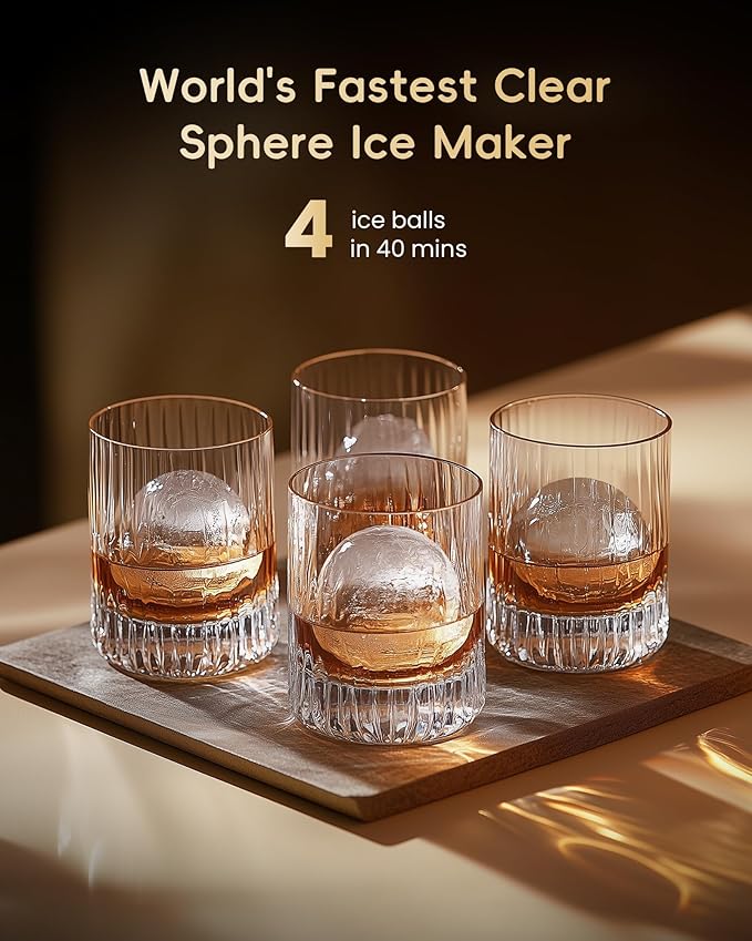 ecozy 2" Clear Ice Ball Maker with CrystalFlux Technology, 4 pcs in 40 Mins, 144 pcs/Day, Sphere Ice Maker with Enhanced Insulation, Automatic Water Supply, Self-Cleaning for Whiskey & Bourbon-Ruum Studio Home