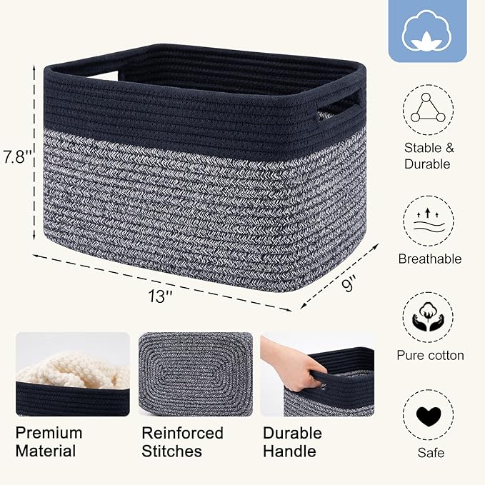 4 Pack Storage Baskets for Organizing, Woven Baskets for Shelves - Perfect for Toys, Books, Towels, and Clothes, Durable Gift Basket Bins Toy Storage, 13''L x9''W x7.8''H, Blue and Grey-Ruum Studio Home