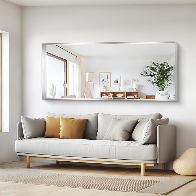 Silver Bathroom Mirror, 72x30 Inch Rectangular Deep Frame Mirror, Large Wall Mounted Bathroom Vanity Mirror Over Sink for Bedroom,Restroom, Living Room, Hangs Vertically or Horizontally-Ruum Studio Home