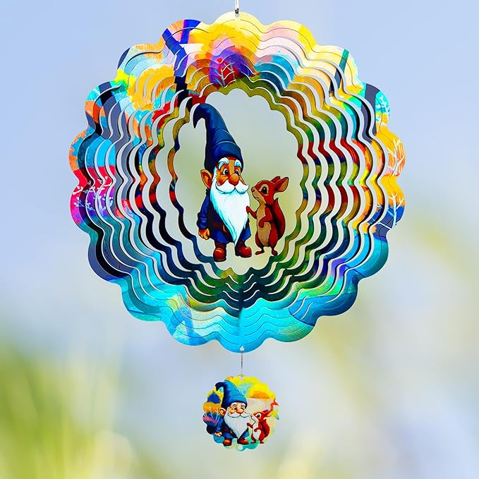 Gnomes Hanging Wind Spinners,12 Inch 3D Garden Spinner Kinetic Art Garden Decorations，Stainless Steel Reflective Wind Spinners for Yard-Ruum Studio Home