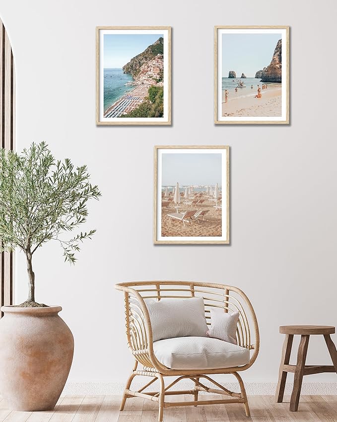 HesenDot Natural OAK Wood Framed Amalfi Coast Summer Wall Art,12x16in Italy Arienzo Beach Canvas Wall Print,Positano Swimming Poster Wall Decor for Living Room,Bedroom,Office Gallery Set of 1-Ruum Studio Home
