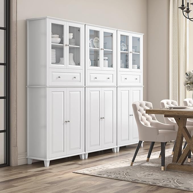 76'' Kitchen Pantry Storage Cabinet, Freestanding Kitchen Cupboard with Large Drawer, Doors, and Adjustable Shelves, Bathroom Storage Cabinet for Dining Room, Living Room, Laundry, White-Ruum Studio Home
