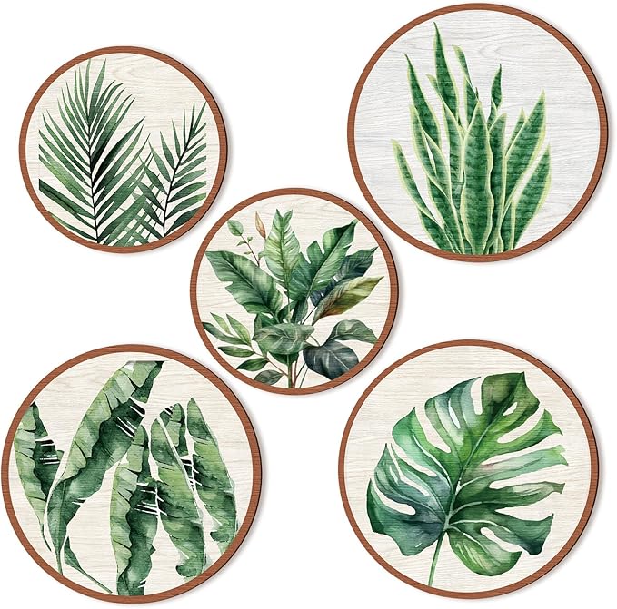 Qunclay 5 Pcs Wall Art Decor Wooden Living Room Wall Decor Bohemian Hanging Farmhouse Geometric 10'' and 8'' Aesthetic Wood Minimalist Posters for Bedroom(Leaves)-Ruum Studio Home