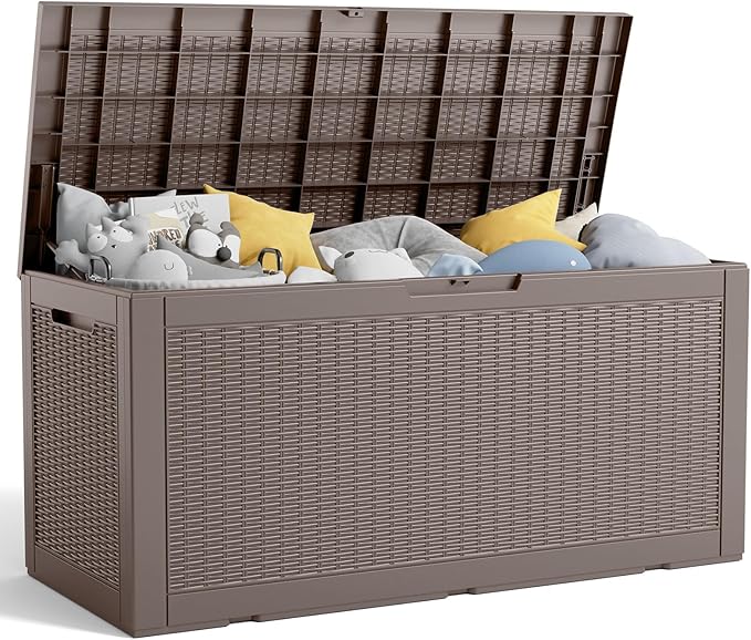 100 Gallon Resin Deck Box, Lockable Patio Outdoor Storage Box for Furniture, Garden Tools and Tools Storage, Waterproof Outside Storage Boxes - Grey-Ruum Studio Home