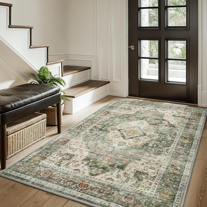 AMOAMI-3X5 Area Rug-Soft Washable Vintage Throw Accent Rugs for Living Room, Entryway, Bedroom, Kitchen, Bathroom, Laundry Room, Kitchen, Bathroom, Bedside, No Slip Green-Ruum Studio Home