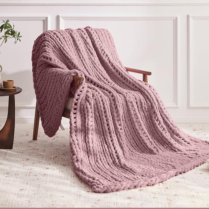 Chunky Knit Throw Blanket, 60''*80'' Knitted Throw Chenille Yarn for Bed Couch, Handmade Muted Pink Crochet Big Thick Blanket, Machine Washable Cute Comfy Blanket for Home Decor-Ruum Studio Home
