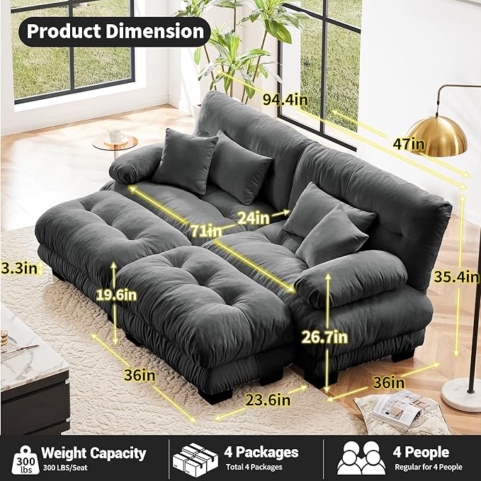 Loveseat Modular Sectional Sofa, U Shaped Couch with Ottoman, Cloud Couch Sectional Couch Home Sofa Living Room Oversized Couch Deep Seat Couch with Round Bolster Armrests 4 Pillows(Gray)-Ruum Studio Home