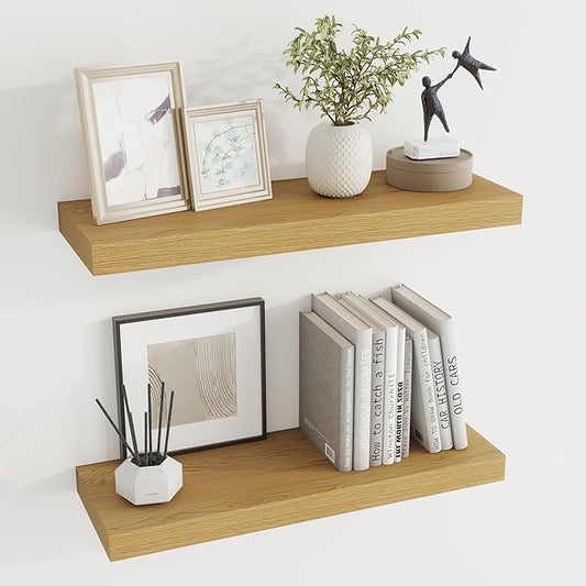 24 inch Floating Shelves Long Floating Shelves for Wall Large Wall Mounted Shelves with Invisible Brackets, Oak Shelves for Bathroom, Living Room, Kitchen, Office, 24x6.7 inch deep Set of 2-Ruum Studio Home