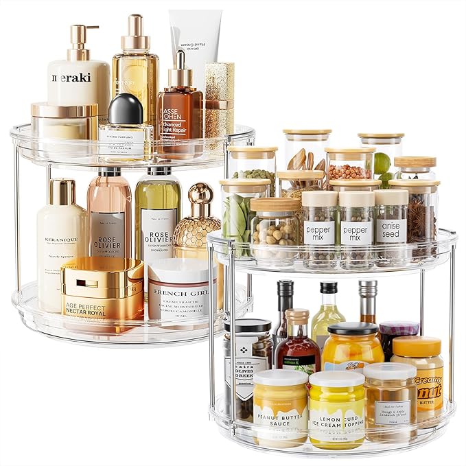 LAMU 2 Pack 10.6'' 2-Tier Lazy Susan Turntable Organizer Rotating Spice Rack Organization for Cabinet, Kitchen, Pantry, Countertop, Bathroom, Vanity, Makeup Organizer, Clear-Ruum Studio Home