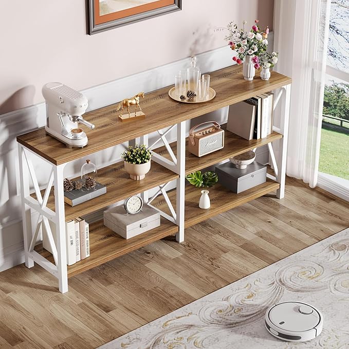 LVB Industrial Entryway Table, Farmhouse Rustic Console Table Behind Couch, Long Metal Sofa Table with Storage Shelf, Modern Hallway Table for Living Room Bedroom,White and Rustic Oak,63 inch-Ruum Studio Home