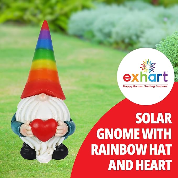 Exhart Garden Gnome, Solar Garden Gnome Statue with Heart, LED Rainbow Hat, Cute Outdoor Garden Decoration, 6 x 12.5 Inch, Multicolor, Resin-Ruum Studio Home