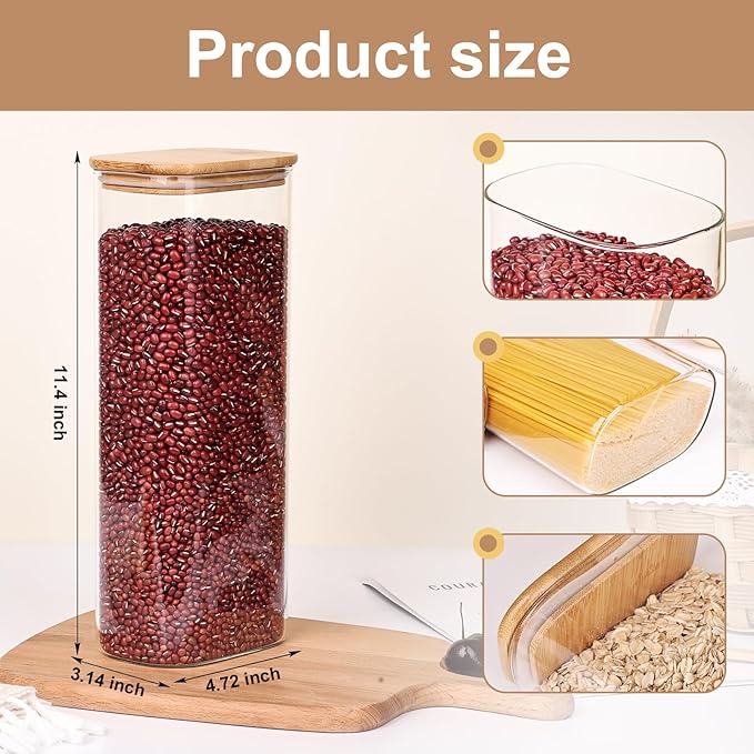 Liuruiyu Glass Storage Jars Set of 3, Clear Glass Food Storage Containers with Airtight Bamboo Lid Stackable Kitchen Canisters for Candy,Cookie,Rice,Sugar,Flour,Pasta(Flat)-Ruum Studio Home