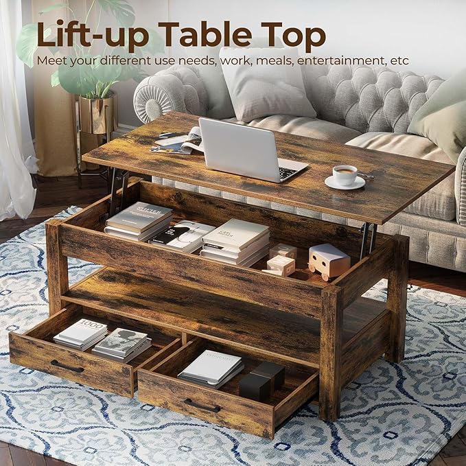Rolanstar Coffee Table, 47.2" Lift Top Coffee Table with Drawers and Hidden Compartment, Retro Central Table with Wooden Lift Tabletop, for Living Room, Rustic Brown-Ruum Studio Home