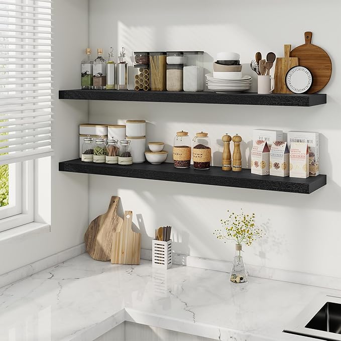 Fun Memories 48 Inch Deep Floating Shelves for Wall, 2 Pack of Long Wall Mounted Wood Shelves with Invisible Brackets for Bathroom, Bedroom, Living Room, Kitchen Decor and Storage, Black-Ruum Studio Home