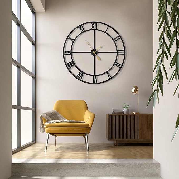 LEIKE 40 Inch Extra Large Modern Wall Clock, Oversize Rustic Round Nearly Silent Battery Operated, Black Metal Roman Numerals Wall Clocks for Living Room, Bedroom, Entrance Home Decor-Ruum Studio Home