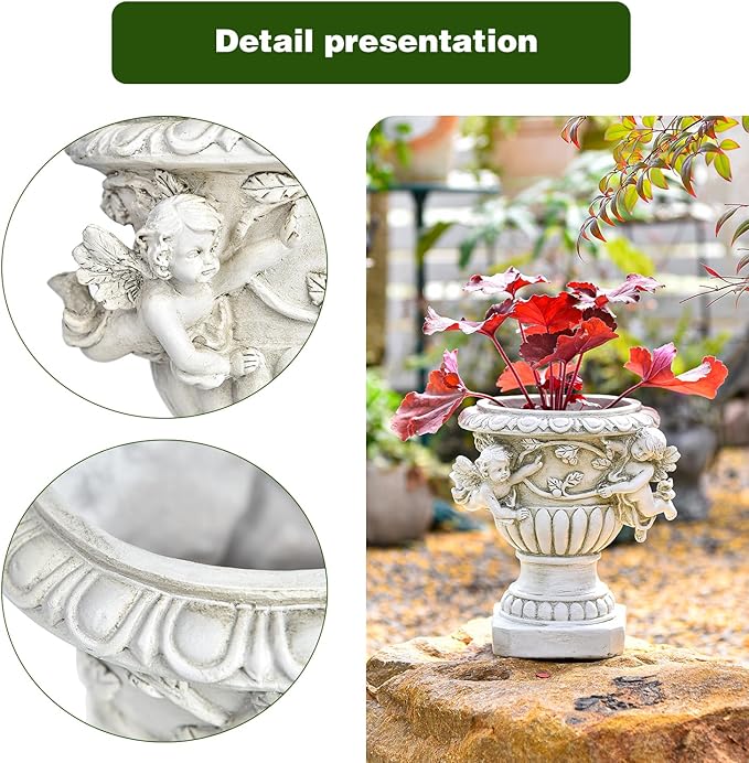 Sungmor Garden Cherub Urn Planter, Lovely Resin Angel Statue Flower Pots, Vintage European Style Planter, Rustic White Whimsy Fairy Decorative Plant Pot, Beautiful Pot for Indoor Outdoor Flowers-Ruum Studio Home