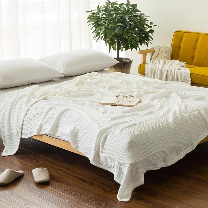 EMME Cotton Bed Blankets White Blankets for Bed Muslin Twin Blanket 60"x80" Lightweight Soft Twin Blanket All Season Gauze Blanket-Ruum Studio Home