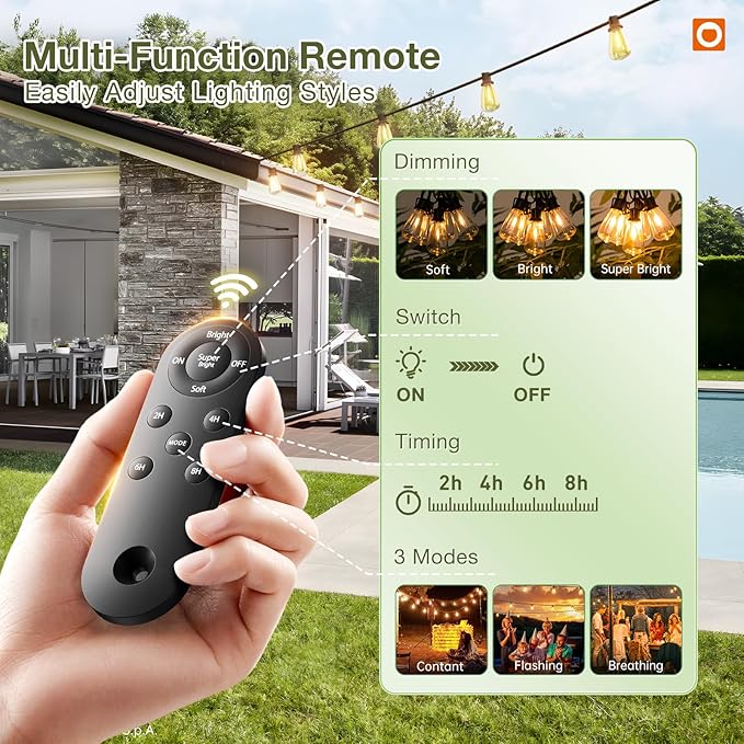 addlon 102(96+6) FT Solar String Lights Waterproof,Patio Light Solar Powered with Remote & USB Port 3 Modes, 30+2 LED Shatterproof Bulbs Outdoor Lighting for Camping Backyard Garden-Ruum Studio Home