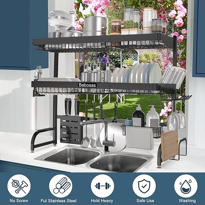 Over The Sink Dish Drying Rack,3 Tier Adjustable Length (25.5'' to 37.4'') Full Stainless Steel Large Storage Kitchen Dish Rack,for Kitchen Counter Expandable Multifunctional Organizers,Black-Ruum Studio Home