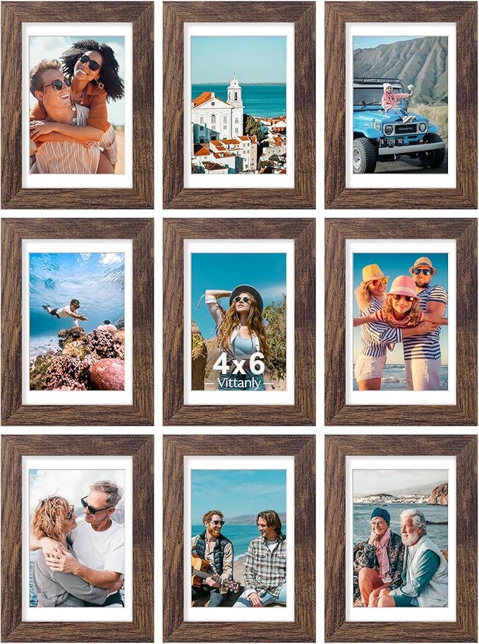 Vittanly 4x6 Picture Frames Set of 9, Shatter Resistant Plexiglass, Display 3.5x5 Pictures with Mat or 4x6 without Mat, Photo Frames for Wall or Tabletop, Engineered Wood, Brown-Ruum Studio Home