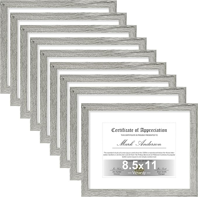 Vittanly 8.5x11 Picture Frames Set of 9, Shatter Resistant Plexiglass, Display 6x8 Pictures with Mat or 8.5x11 without Mat, Photo Frames for Wall or Tabletop, Engineered Wood, Grey-Ruum Studio Home