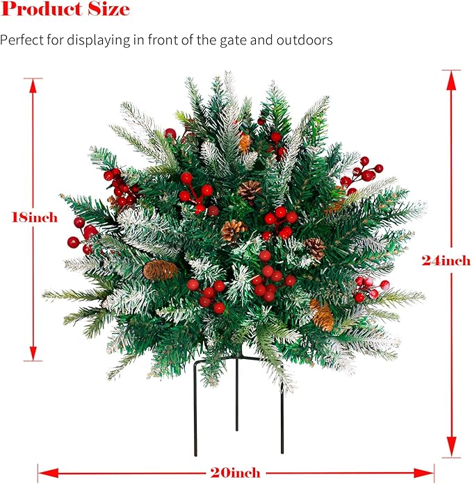 2 Pack Lighted Artificial Christmas Urn Filler, Battery Operated Pre-lit Xmas Pine Trees, Tripod Stake and 60 LED Lights, Holiday Porch Decorations for Porch, Yard, Garden, Flower Beds（Multicolor）-Ruum Studio Home