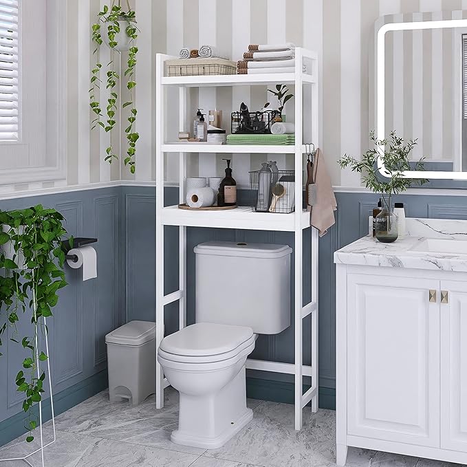 SMIBUY Bathroom Storage Shelf, Bamboo Over-The-Toilet Organizer Rack, Freestanding Toilet Space Saver with 3-Tier Adjustable Shelves (White)-Ruum Studio Home