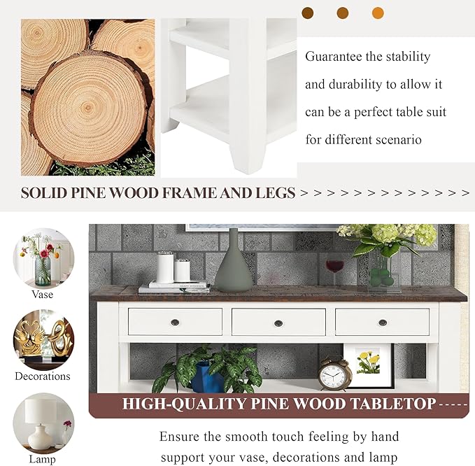 Solid Wood Console Table,Sofa Table with Storage Drawers and Bottom Shelf,Entryway Table for Entry Hallway Foyer Sofa Couch Table,Fully Assembled (48.8" Antique White)-Ruum Studio Home