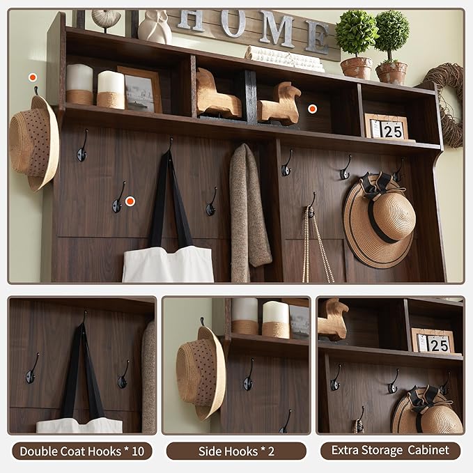 JXQTLINGMU 59" Farmhouse Hall Tree with Shoe Storage, Entryway Bench with 20 Cubbies, 12 Hooks & Sliding Barn Doors, Mudroom Coat Rack Cabinet, Brown-Ruum Studio Home