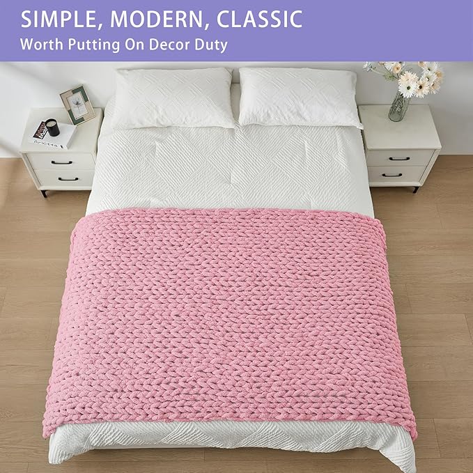 Bigacogo Chunky Knit Throw Blanket for Couch, 40x80 inches, 100% Hand Knitted with Thick Jumbo Chenille Yarn, Cozy Soft Large Rope Knot Cable Crochet Blankets for Sofa Bed Living Room, Blush Pink-Ruum Studio Home