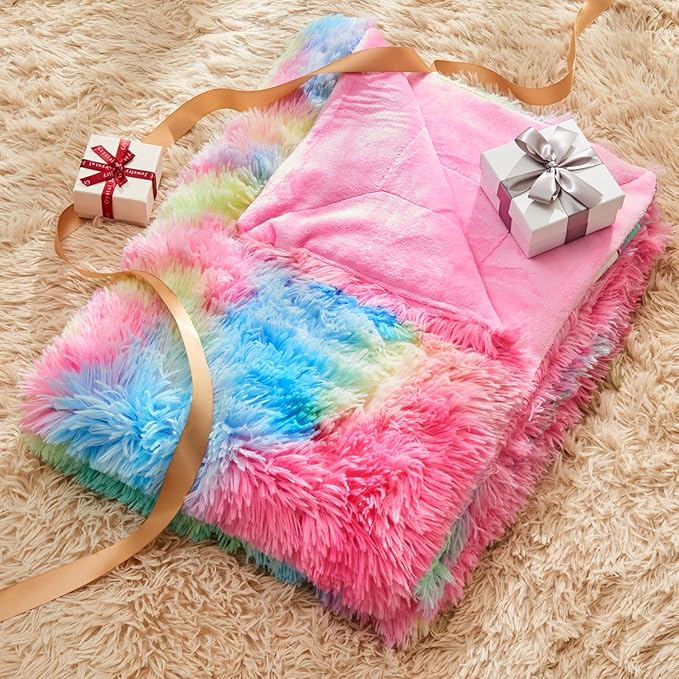 GONAAP Fuzzy Faux Fur Throw Blanket Queen Size Dark Rainbow Super Soft Cozy Plush Fuzzy Shaggy Blanket for Couch Sofa Bed (Dark Rainbow, Queen(90"x90"))-Ruum Studio Home