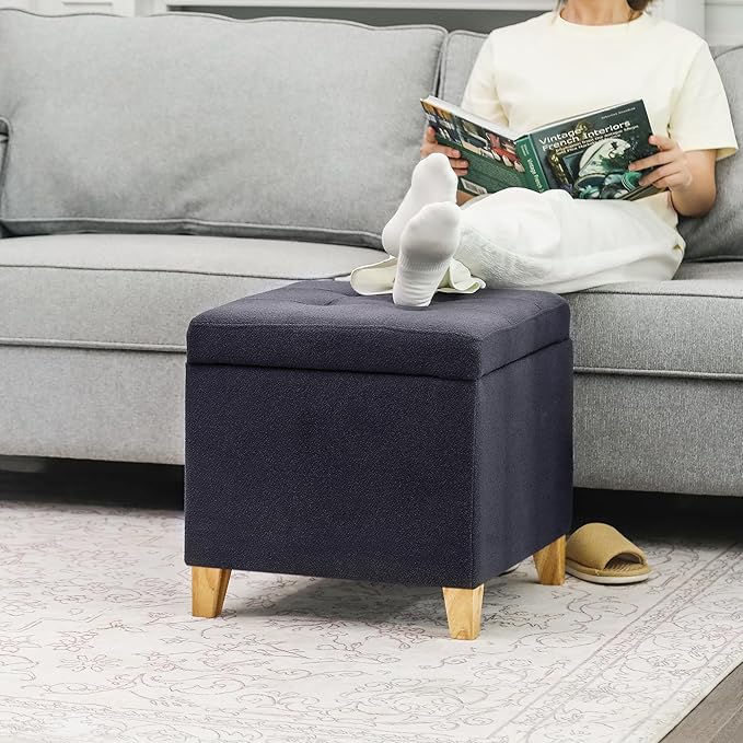 Adeco Fabric Storage Ottoman Bench with Solid Wood Legs, 17.7" Square Dark Grey Cotton Linen Cube Foot Stool, Upholstered Button Tufted Vanity Chair with Hinged Lid for Living Room, Bedroom, Dorm-Ruum Studio Home
