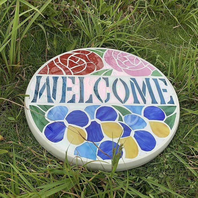 Bieye MSS002 Rose Flowers Tiffany Style Stained Glass Mosaic Decorative Stepping Stone for Garden Decor (12" Round, Welcome Sign)-Ruum Studio Home