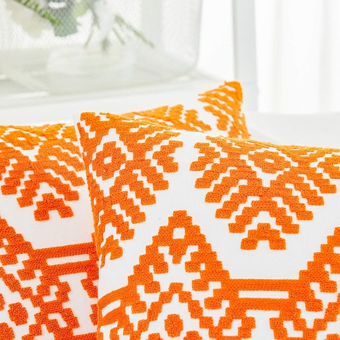 HWY 50 Orange Decorative Throw Pillow Covers 18x18 Inch, Pack of 2 Embroidered Cotton Farmhouse Cushion Cover Pillow Case for Sofa Couch Living Room Bed Bedroon, Modern Diamond Geometric-Ruum Studio Home