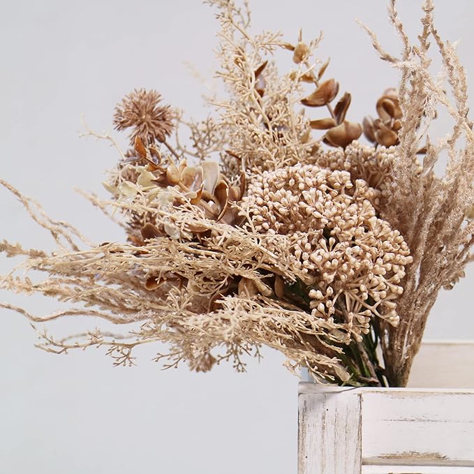 2 Pack Boho Artificial Flowers Plants Bouquet Decoration 13.8inch, Fake Plastic Brown Eucalyptus and Beige Grasses, Faux Floral Arrangement for Wedding Centerpieces Party Home Fall Decor-Ruum Studio Home