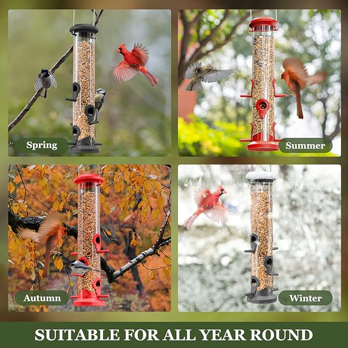 Kingsyard 2 Pack Tube Bird Feeders for Outdoors Hanging, Premium Hard Plastic Bird Feeder with 6 Feeding Ports, Weatherproof & Steel Hanger, Attracting for Wild Birds (Red)-Ruum Studio Home