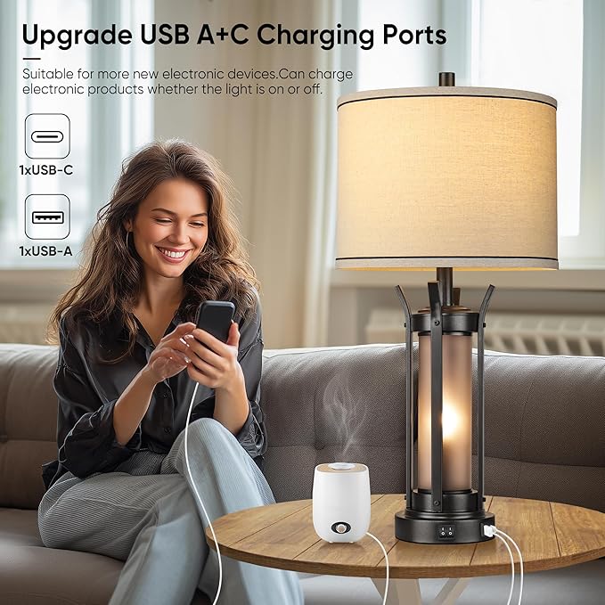 QiMH Farmhouse Table Lamps for Living Room, Beside Lamps for Bedroom with USB A+C Charging Ports, Rustic Nightstand Lamp Set of 2 with Frosted Glass Night Light, 4 Bulbs Included (Black)-Ruum Studio Home